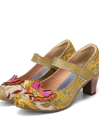  Butterfly Deocr Printed Cowhide Leather Hook Loop Comfy Wearable Chunky Heel Pumps