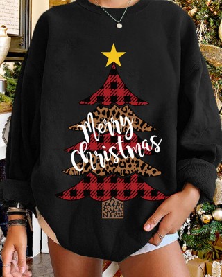 Women Christmas Tree Printed Letter Round Neck Casual Pullover Sweatshirt