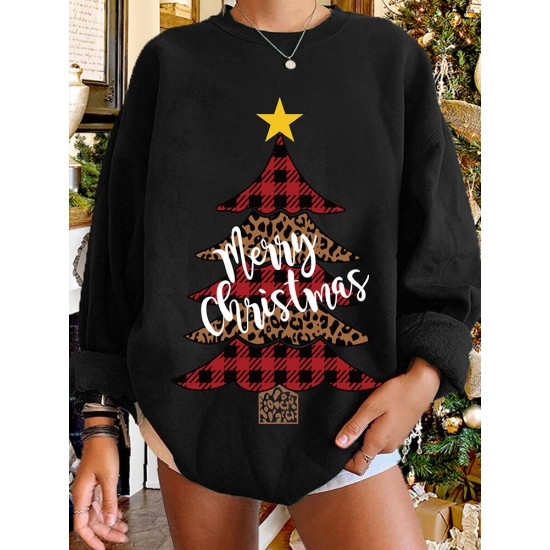 Women Christmas Tree Printed Letter Round Neck Casual Pullover Sweatshirt Women Christmas Tree Printed Letter Round Neck Casual Pullover Sweatshirt