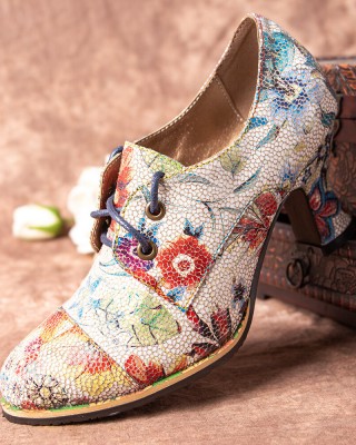  Fresh Natural Flowers Leaves Printed Comfy Wearable Chunky Heel Women Casual Lace Up Pumps